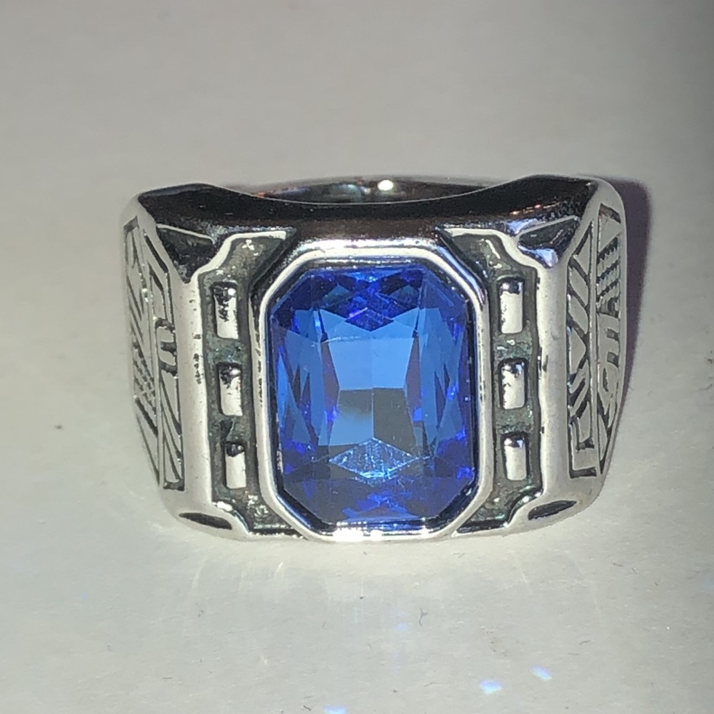 Silver Tone Chunky Boho Ring with Deep Blue Stone